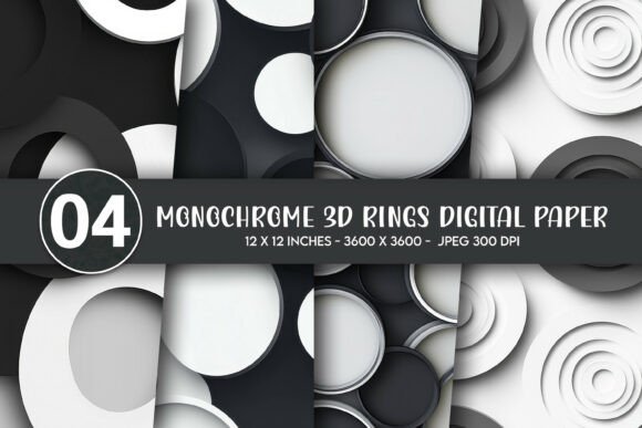 Monochrome 3D Rings Digital Paper for Modern Design Projects